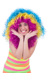 Woman with colourful wig isolated on white