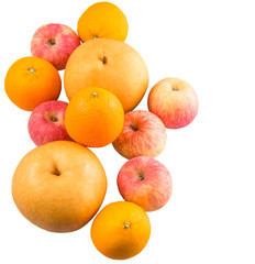 Gala apples, Nashi Asian pears and oranges over white background