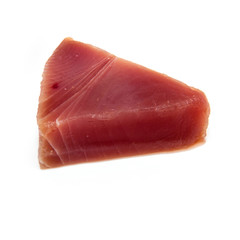Yellowfin tuna steak isolated ona  white studio background.
