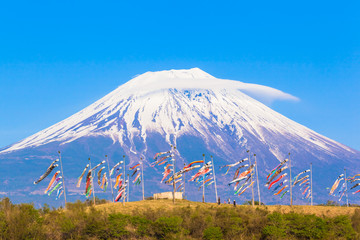Colorful carp banners and Mount Fuji