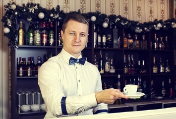 young man working as a bartender in a nightclub bar