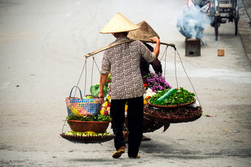 Life of florist vendor at small market in HANOI,vietnam