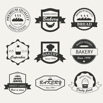 Retro bakery logos, badges and labels set. Baked goods design el