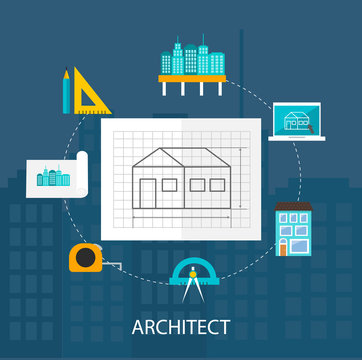 Architect profession icons set in flat design style isolated vec