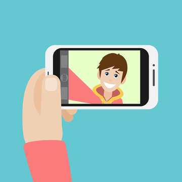 man taking selfie photo on smart phone vector