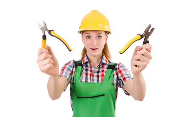 Construction worker female with pliers isolated on white