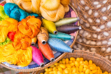 colorful silk thread and silkworm cocoons