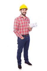 Full body portrait of young architect holding blueprints on whit