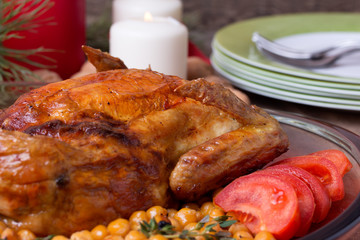 Roasted Christmas whole chicken with chickpeas