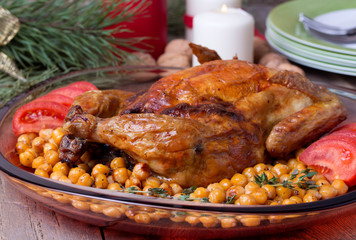 Roasted Christmas whole chicken with chickpeas
