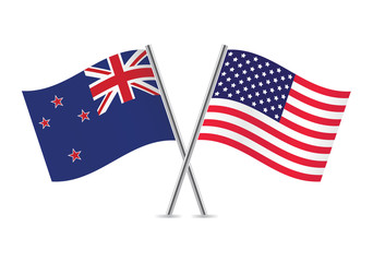 American and New Zealand flags. Vector illustration.