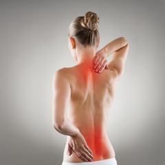 Lumbago and backbone stretch concept. Painful woman's back