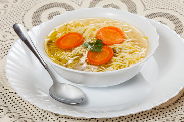 Broth - chicken soup with noodles.