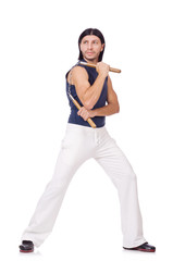 Funny karate fighter with nunchucks on white