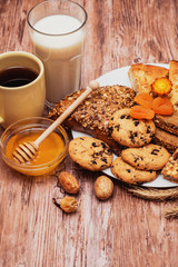 tasty breakfast with curd, pie and tea 