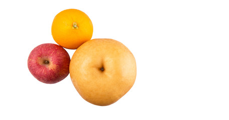Gala apples, Nashi Asian pears and oranges over white background