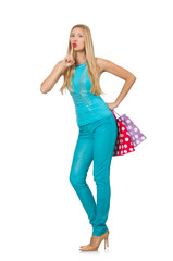 Woman with shopping bags isolated on white