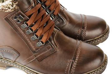 Winter Men's lace boots with fur, isolated on white background