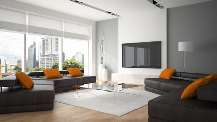 Modern interior with two sofas and ornge pillows 3D rendering