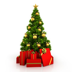 Christmas tree with red gift boxes isolated on red background