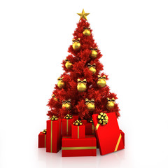 Red Christmas tree with gold decor on white background
