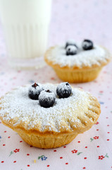 Homemade mini cakes with berries and icing sugar