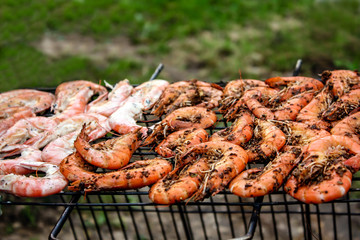 Delicious grilled shrimps on the BBQ Grill