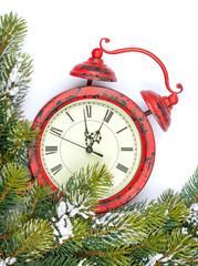 Fototapeta na wymiar Christmas background with clock, snow fir tree