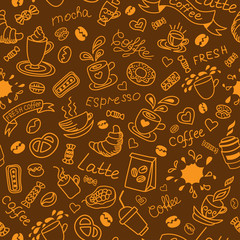 Seamless coffee background. Bakery products.