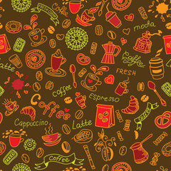 Seamless  doodles background with coffee and bakery products.