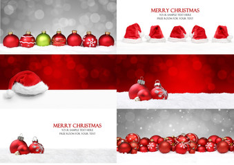 Weihnachtshintergründe mit Kugeln / Schnee / Mütze