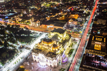 Fototapeta na wymiar Aerial view of Mexico City, light trails and Bellas Artes