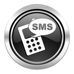 sms icon, black chrome button, phone sign