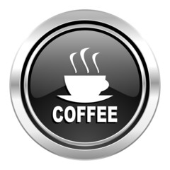 espresso icon, black chrome button, hot cup of caffee sign