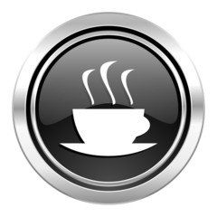espresso icon, black chrome button, hot cup of caffee sign