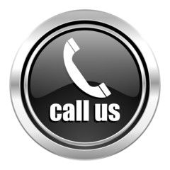 call us icon, black chrome button, phone sign
