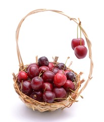 Cherry in basket isolated on white background