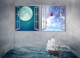 Boat drifts in ocean water no course, windows moon daylight sky