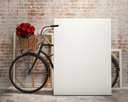mock up poster in loft interior background with bicycle