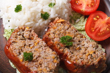 meat loaf with rice and vegetables macro horizontal top view
