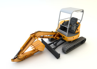 Yellow mini excavator isolated on white background