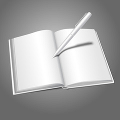 Blank white realistic vector opened book and pen writing on it,