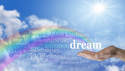 Blue sky and Rainbow Dare to Dream word cloud