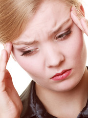 Headache. Woman suffering from head pain isolated.