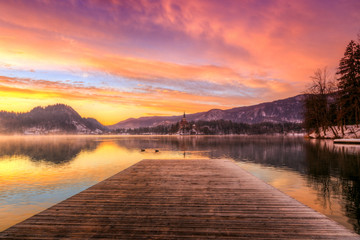 Naklejka na ściany i meble Bled with lake in winter, Slovenia, Europe