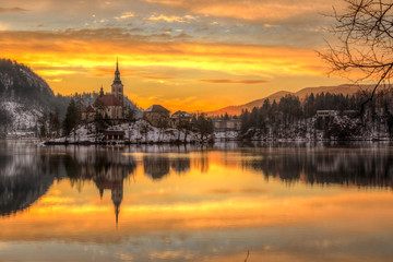 Fototapeta na wymiar Bled with lake in winter, Slovenia, Europe