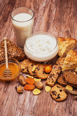 tasty breakfast with curd, pie and tea 