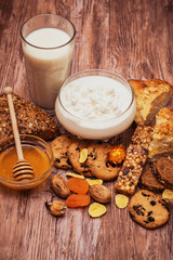 tasty breakfast with curd, pie and tea 