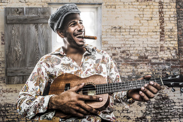 Cuban musician playing song and smoking cigar