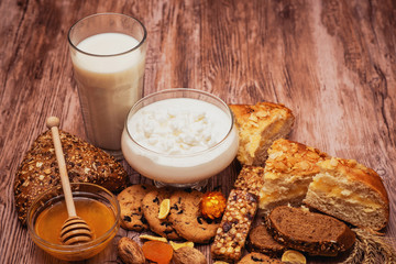 tasty breakfast with curd, pie and tea 